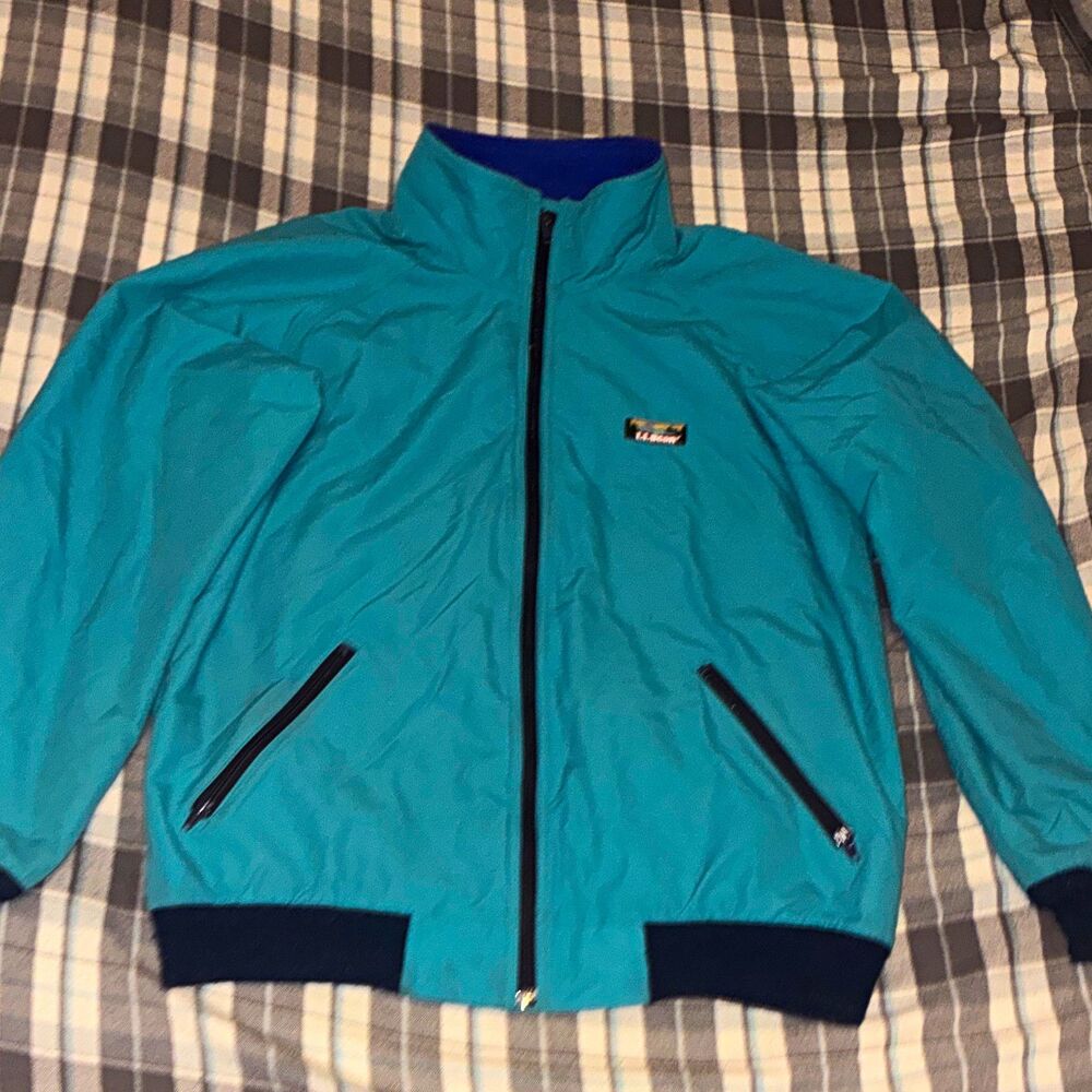 Vintage L.L Bean Synchilla Bomber Jacket Blue Full Zip Collar Pockets Men's L